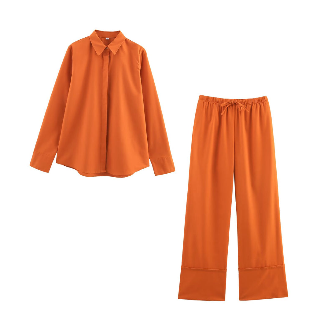 Summer Women Clothing Collared Single Breasted Long Sleeve Shirt Wide Leg Trousers Set Women