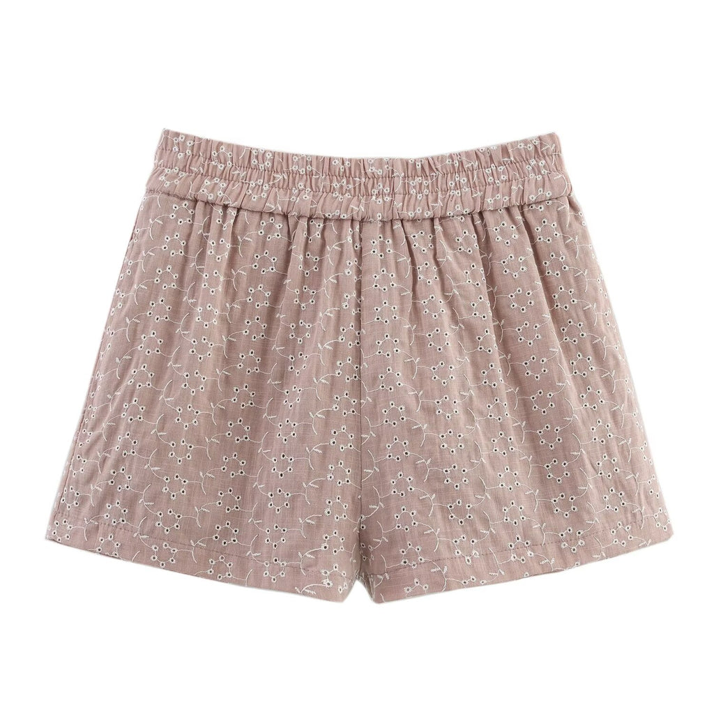 Women Clothing Summer Simple Elastic Waist Hollow Out Cutout Embroidered Casual Shorts