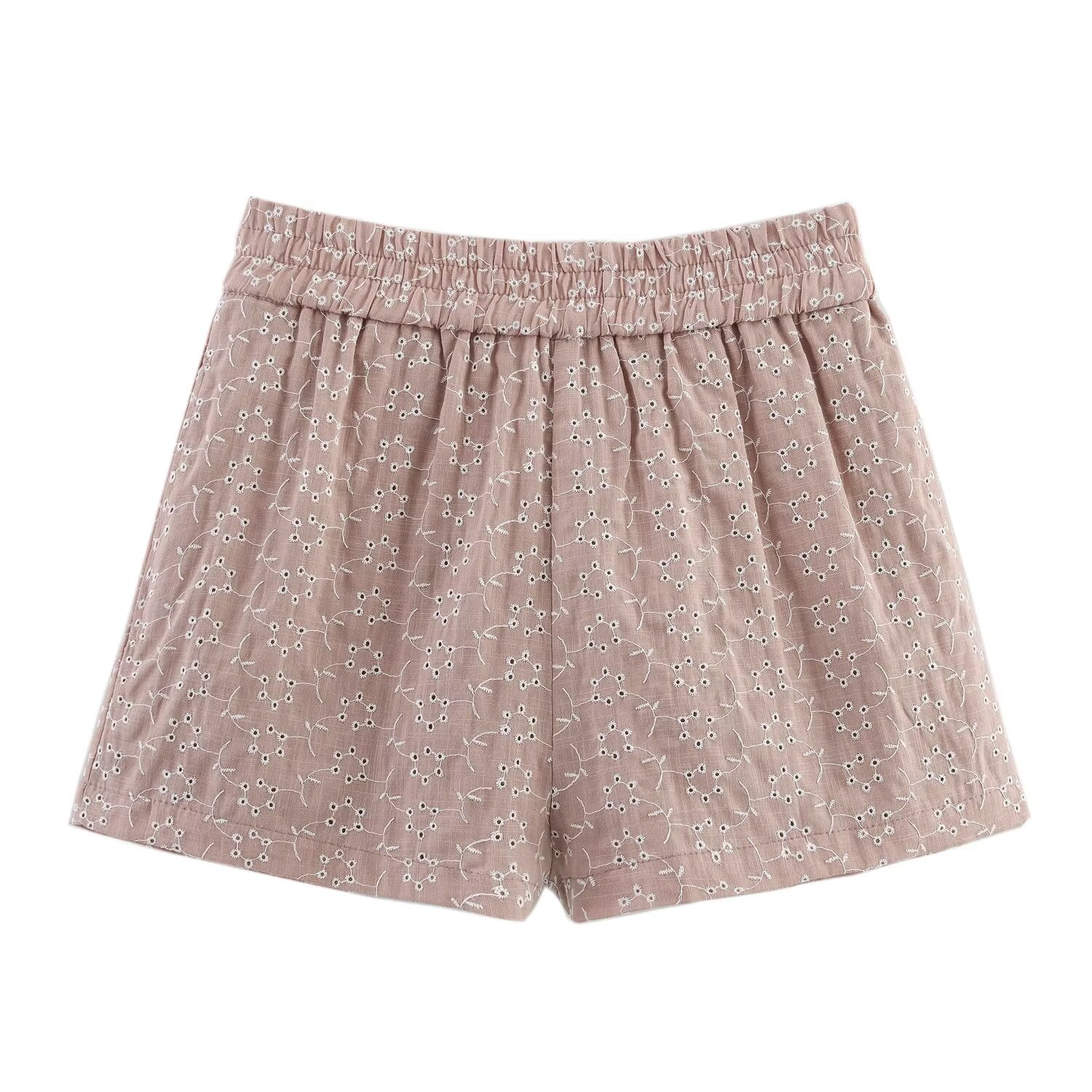 Women Clothing Summer Simple Elastic Waist Hollow Out Cutout Embroidered Casual Shorts