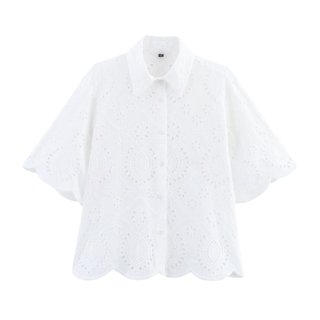 Summer Women Clothing Simple All Matching Collared Hollow Out Cutout Embroidered Women Shirt