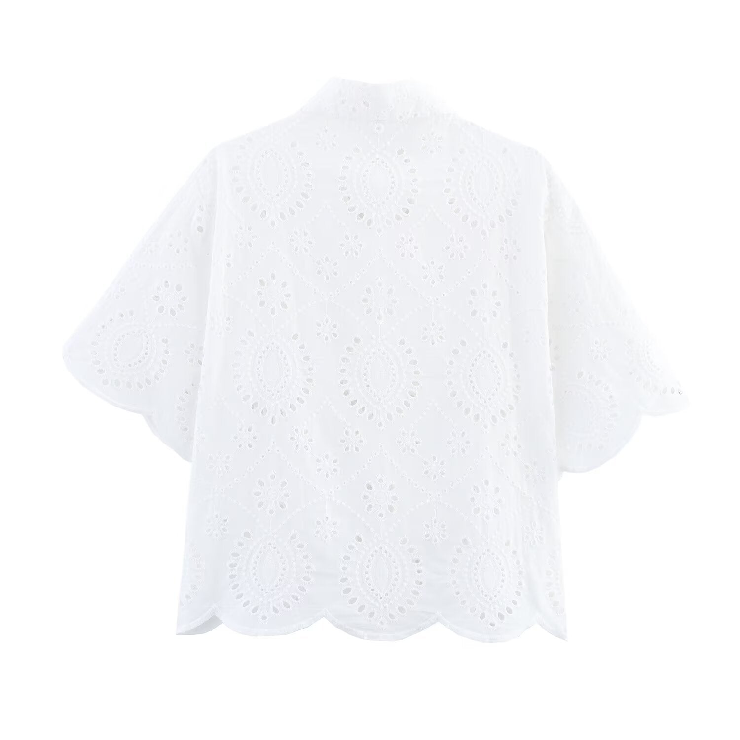 Summer Women Clothing Simple All Matching Collared Hollow Out Cutout Embroidered Women Shirt