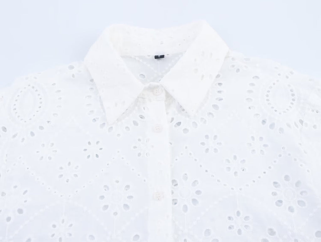 Summer Women Clothing Simple All Matching Collared Hollow Out Cutout Embroidered Women Shirt