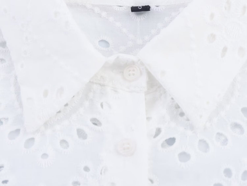 Summer Women Clothing Simple All Matching Collared Hollow Out Cutout Embroidered Women Shirt