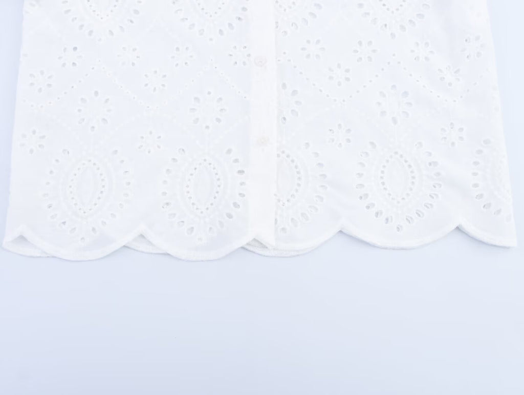 Summer Women Clothing Simple All Matching Collared Hollow Out Cutout Embroidered Women Shirt