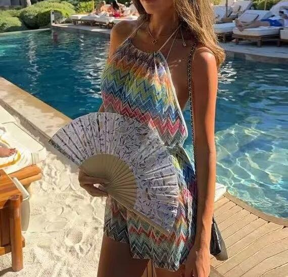 Summer Contrast Color Stripe Printed Halter Romper Women Waist Trimming Gradient Backless Sling Jumpsuit