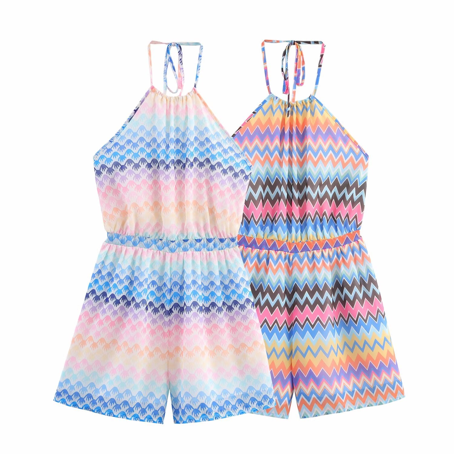 Summer Contrast Color Stripe Printed Halter Romper Women Waist Trimming Gradient Backless Sling Jumpsuit