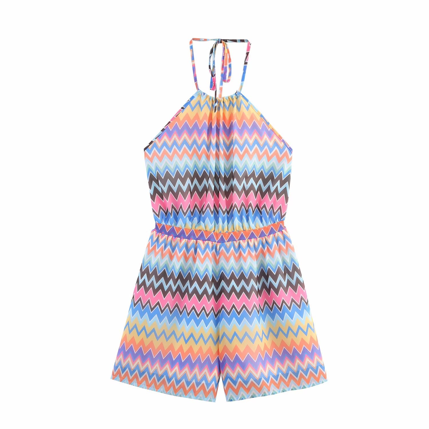 Summer Contrast Color Stripe Printed Halter Romper Women Waist Trimming Gradient Backless Sling Jumpsuit