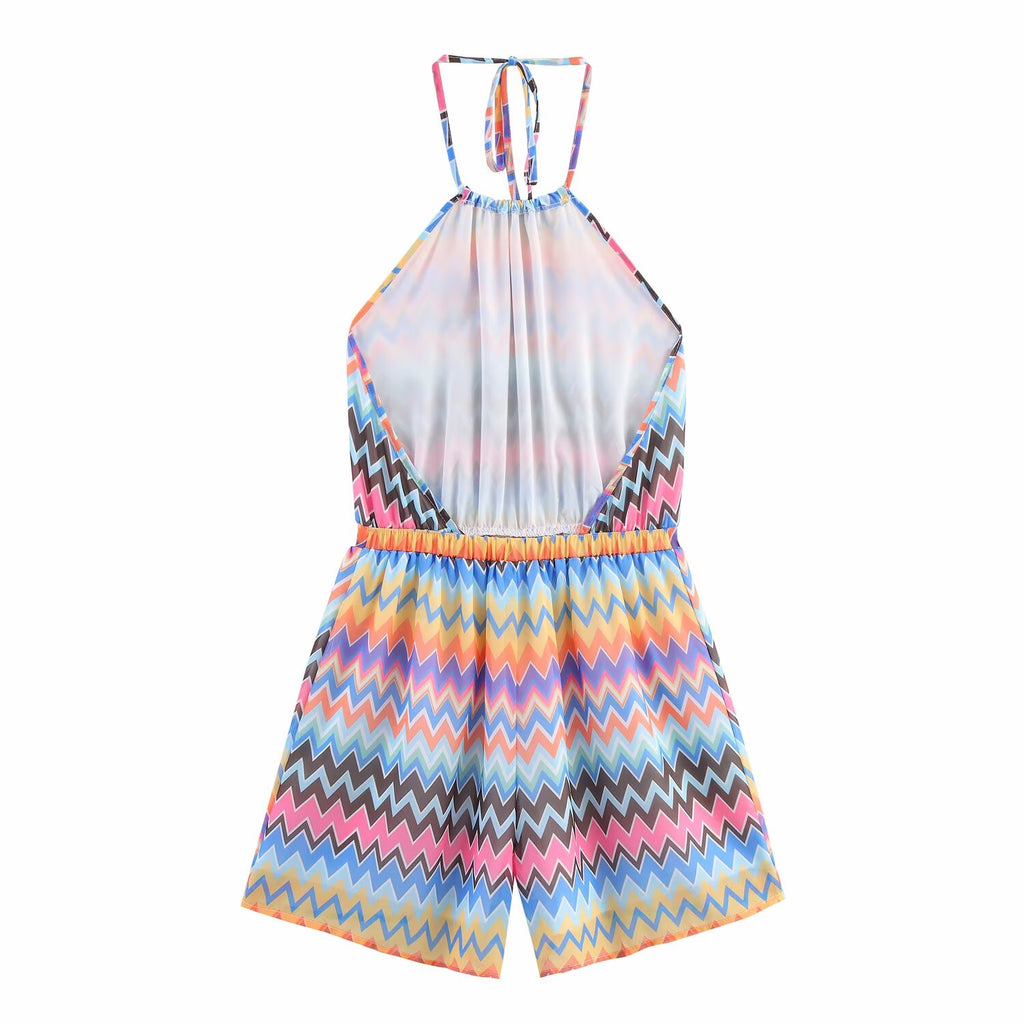 Summer Contrast Color Stripe Printed Halter Romper Women Waist Trimming Gradient Backless Sling Jumpsuit