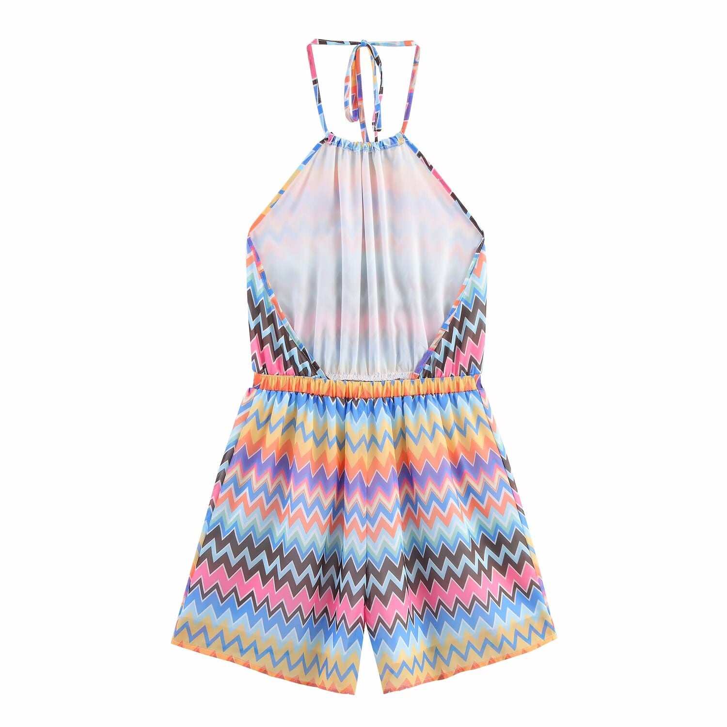 Summer Contrast Color Stripe Printed Halter Romper Women Waist Trimming Gradient Backless Sling Jumpsuit