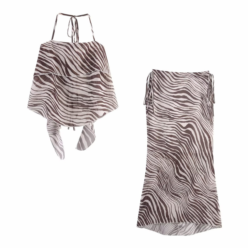 Sleeveless Animal Print Lace up Halter Vest Printed Skirt