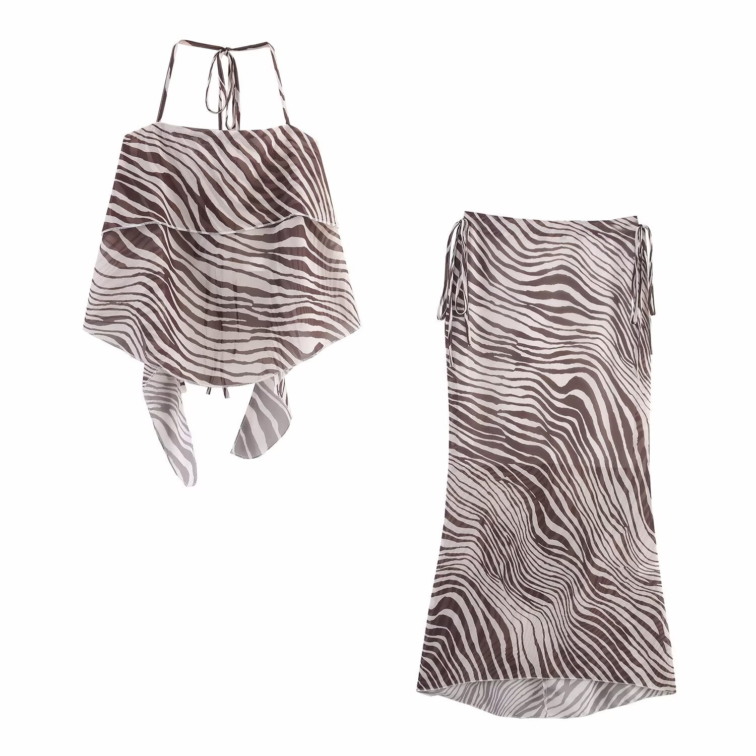 Sleeveless Animal Print Lace up Halter Vest Printed Skirt
