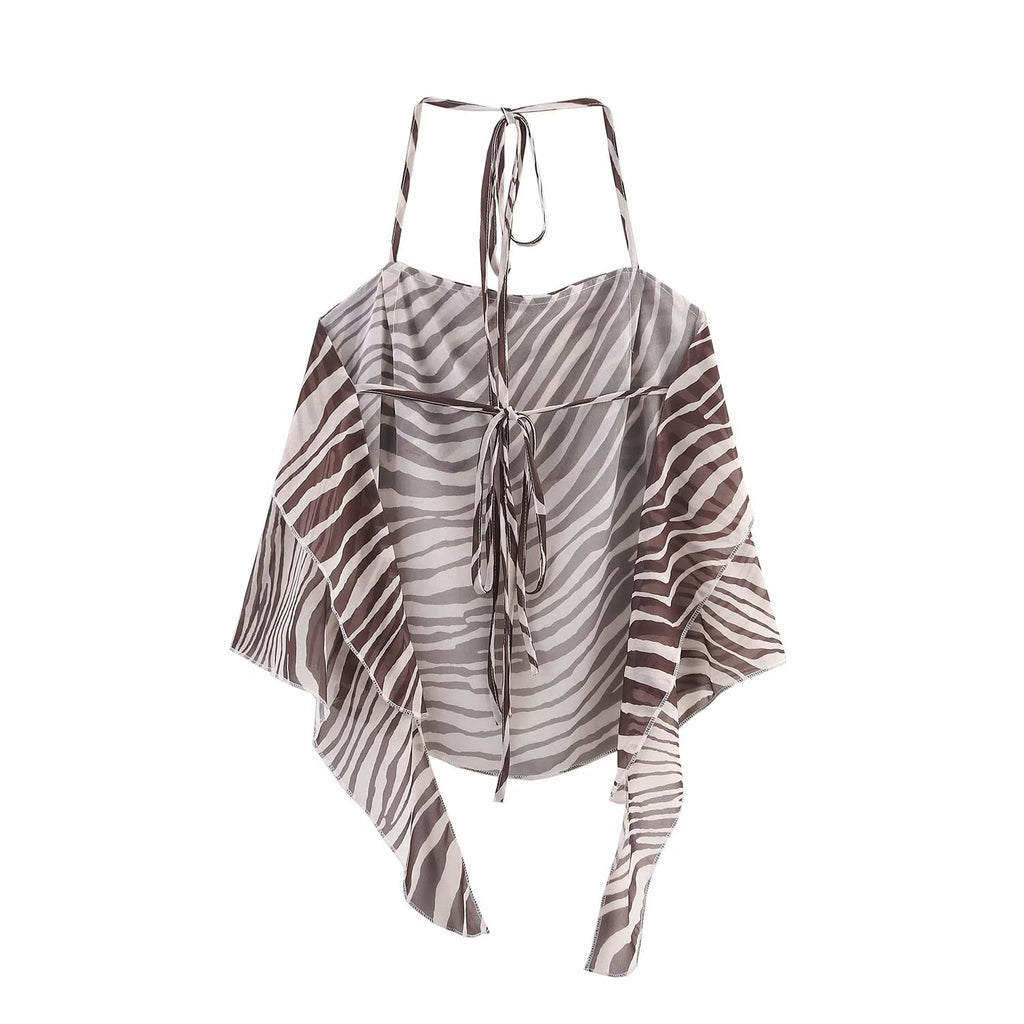 Sleeveless Animal Print Lace up Halter Vest Printed Skirt