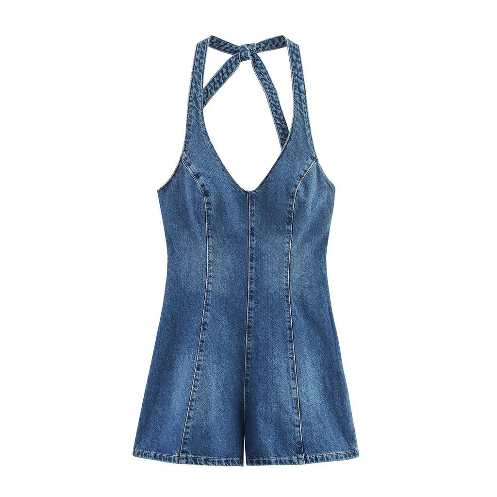 Suspender Shorts Women Summer Hanging Collar Denim Jumpsuit