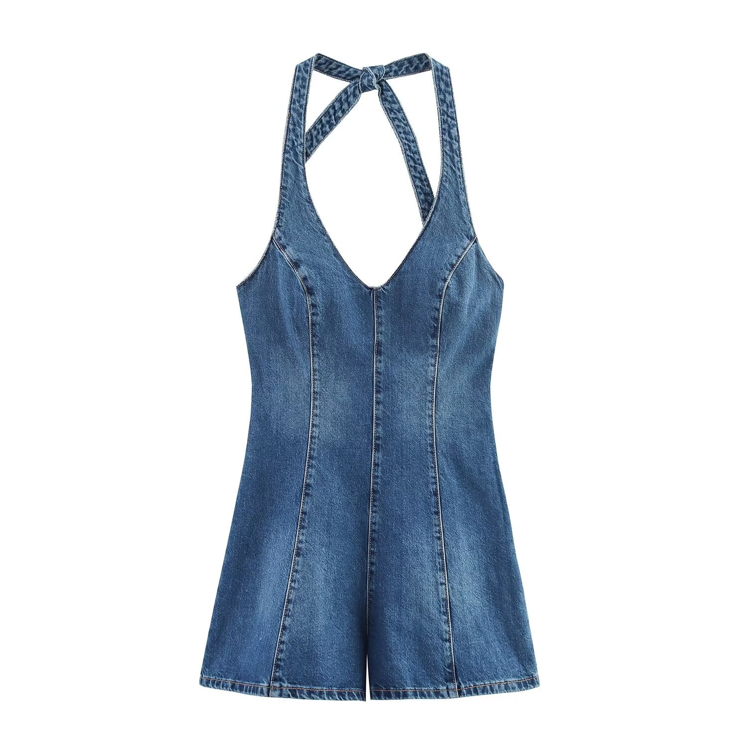 Suspender Shorts Women Summer Hanging Collar Denim Jumpsuit