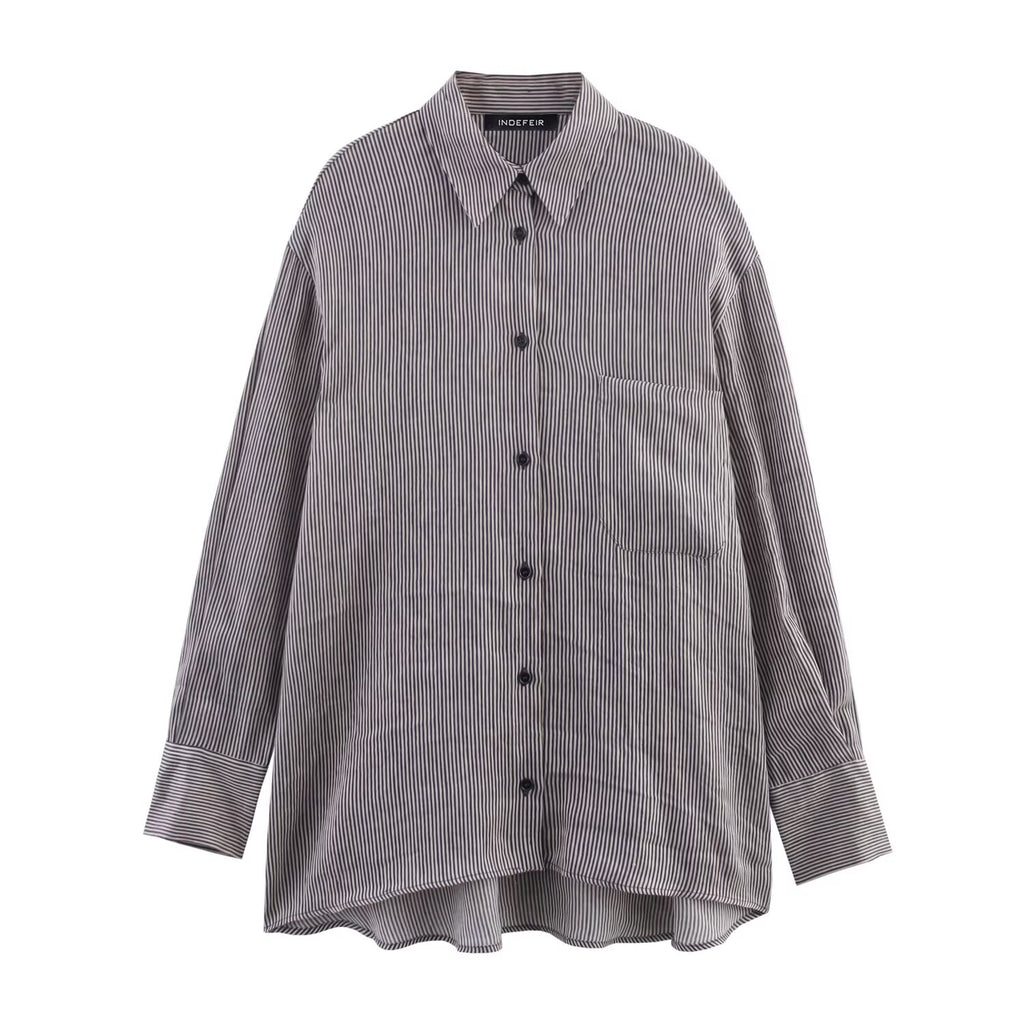 Summer Women Casual Loose Long Sleeve All Matching Striped Shirt