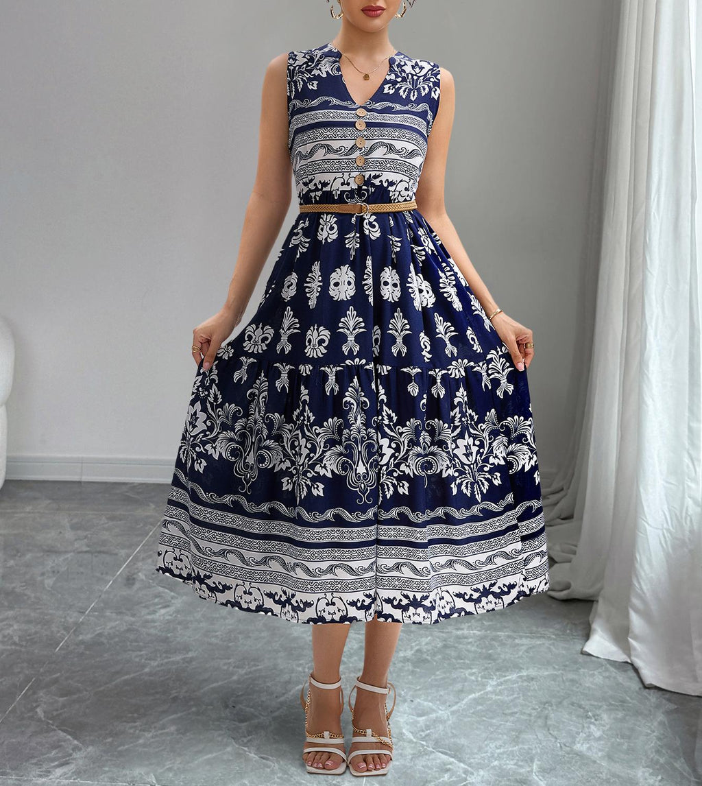 Women Printed Bohemian Vacation Style V Neck Sleeveless Loose Dress With A Belt