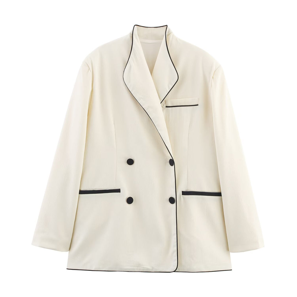 Women Contrast Color Trim Blazer Trousers Sets