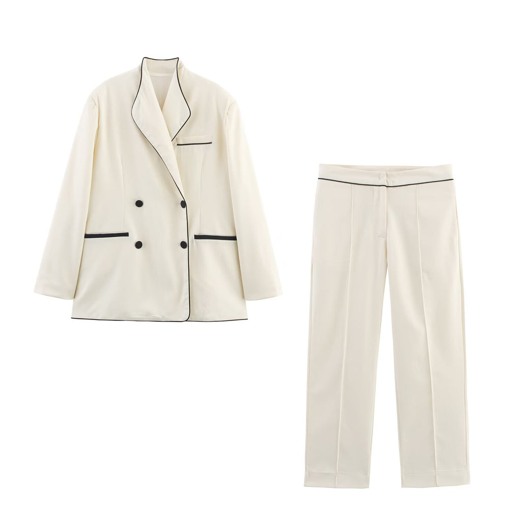 Women Contrast Color Trim Blazer Trousers Sets