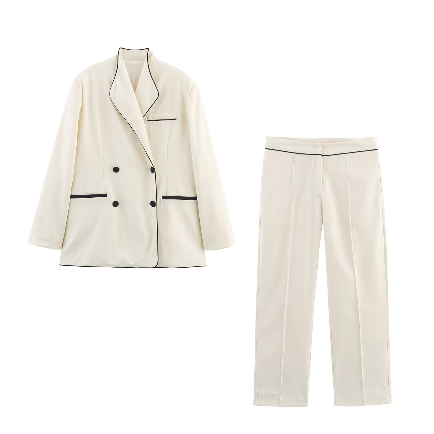 Women Contrast Color Trim Blazer Trousers Sets