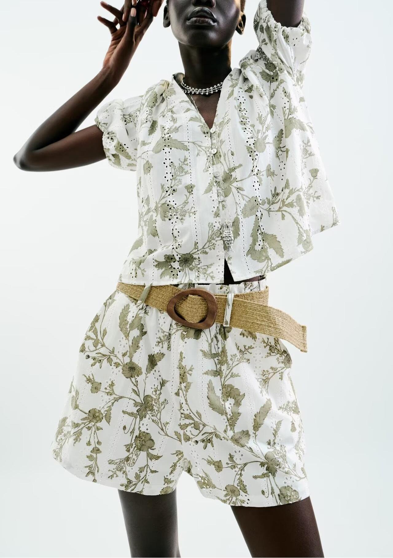 Summer Women Clothing V neck Short Sleeve Hollow Out Cutout out Embroidered Printed Shirt Top Short Sets