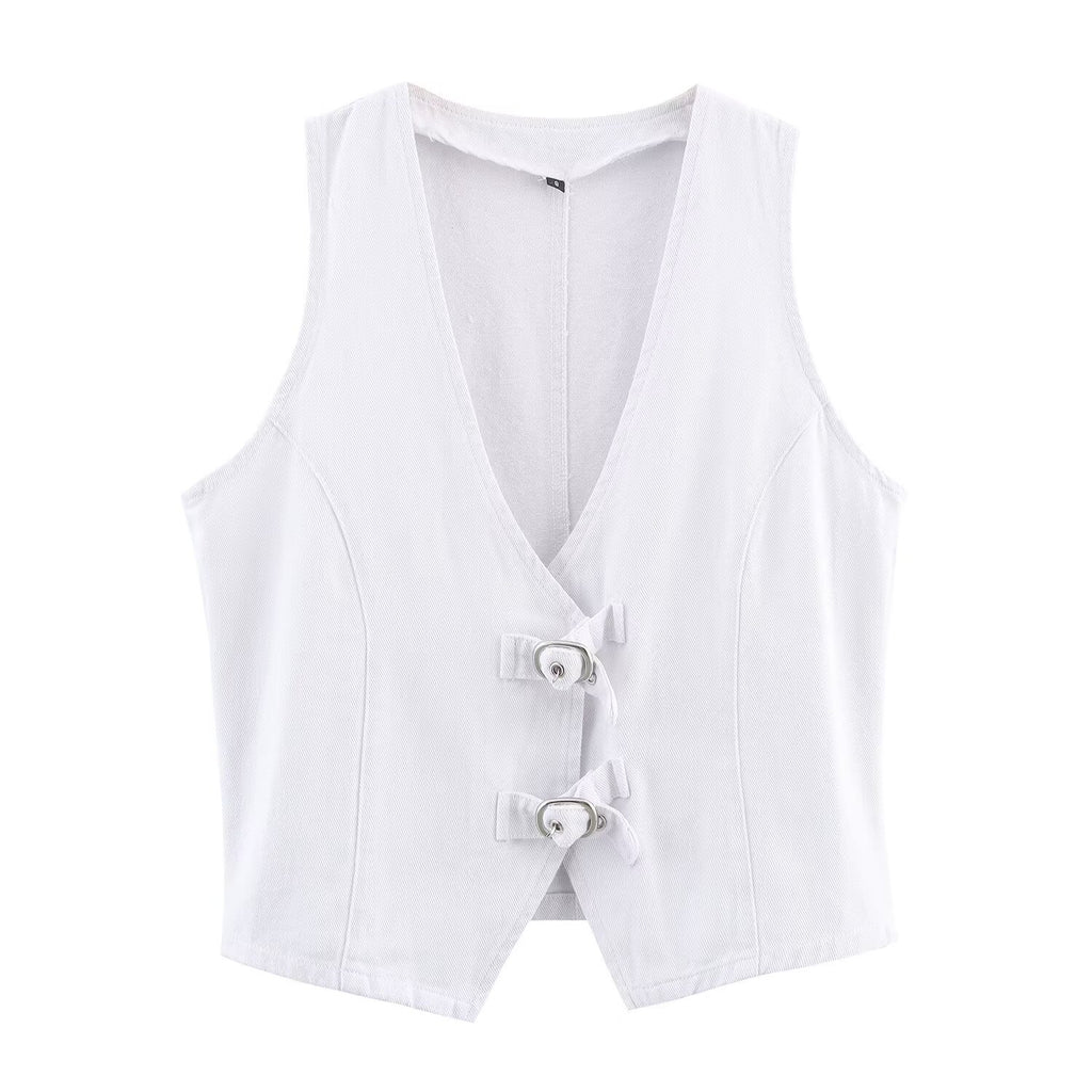 Summer Women Sexy Buckle Decoration Denim Vest Short Sets