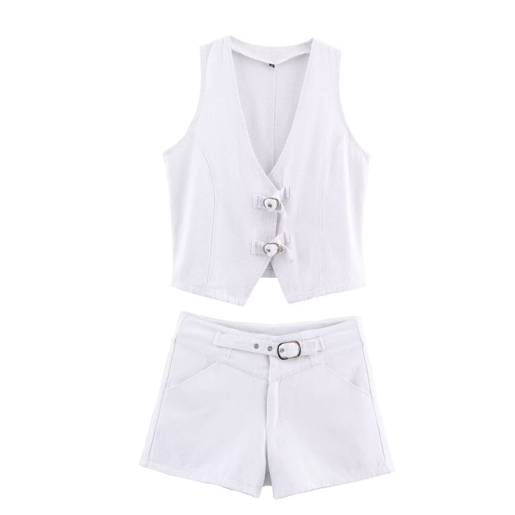 Summer Women Sexy Buckle Decoration Denim Vest Short Sets