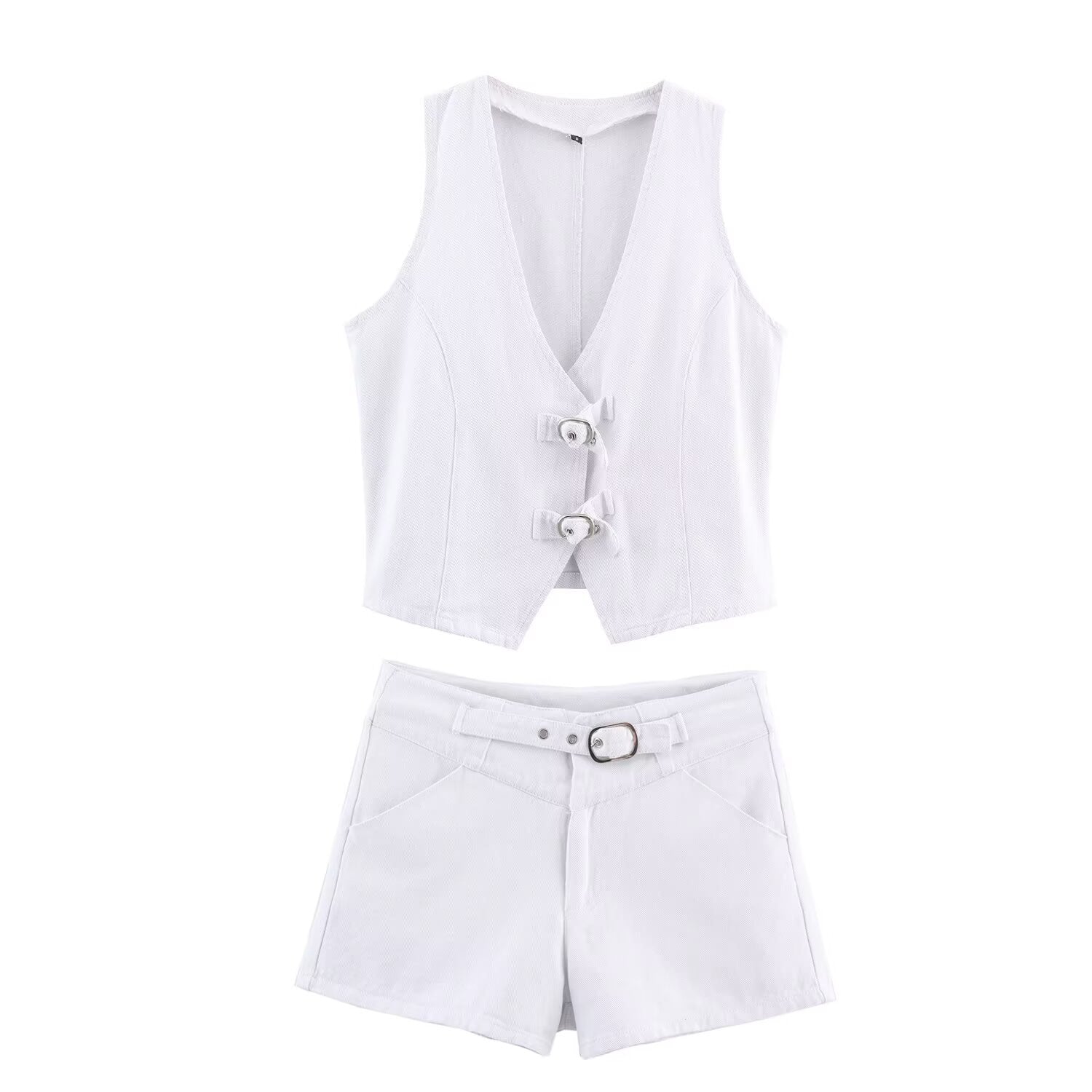 Summer Women Sexy Buckle Decoration Denim Vest Short Sets