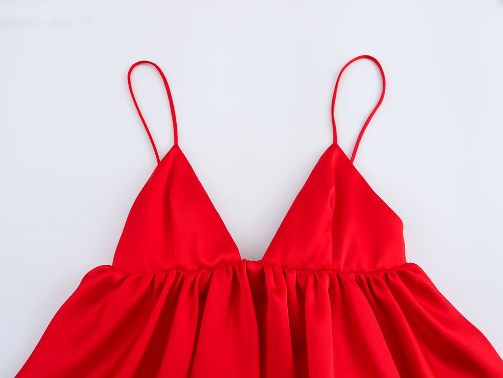 Women Clothing Spring Elegant Sexy Silk Satin Texture Puffy Strap Top