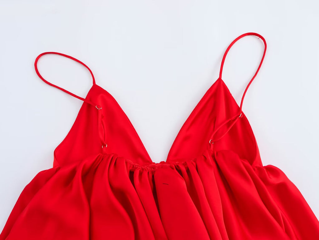Women Clothing Spring Elegant Sexy Silk Satin Texture Puffy Strap Top