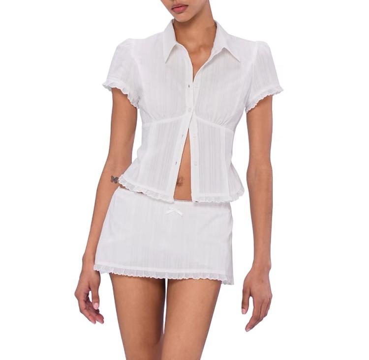 Summer Preppy Pure Sexy Cinched Bodycon Shirt with Leggings Skirt White Two Piece Sets