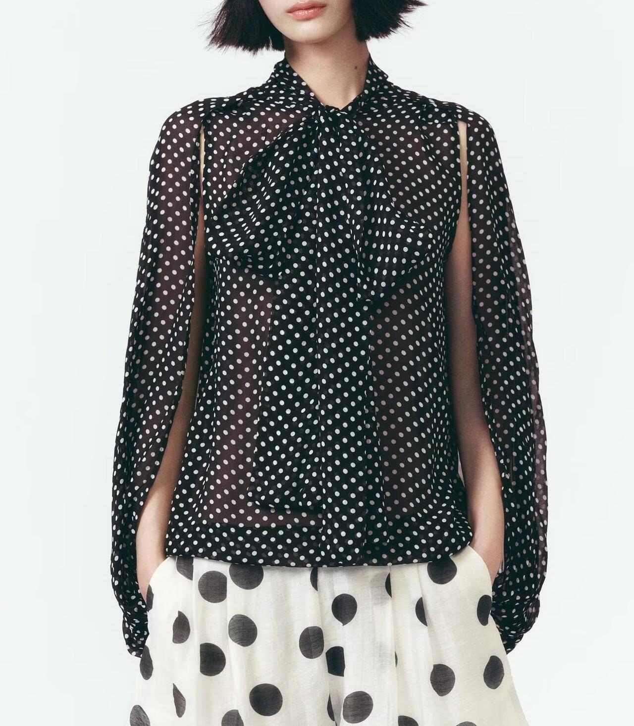 Summer Women Clothing Vintage Bow Decorative Polka Dot Cape Shirt