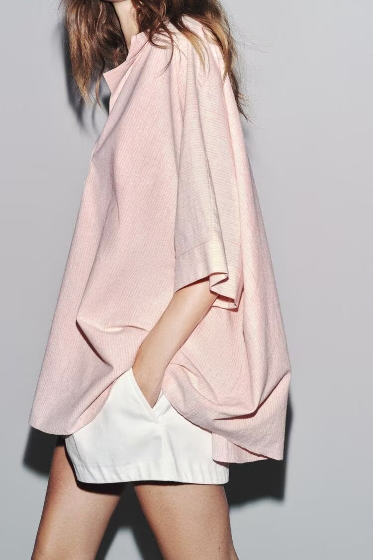 Summer Women Clothing Simple Half Open Collar Striped Loose Cape Shirt