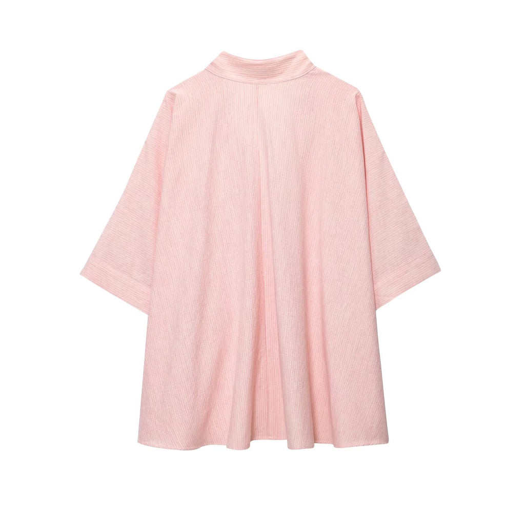 Summer Women Clothing Simple Half Open Collar Striped Loose Cape Shirt