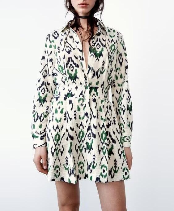 Polo Collar Long Sleeve Single Breasted Printed Waist Controlled Short Dress