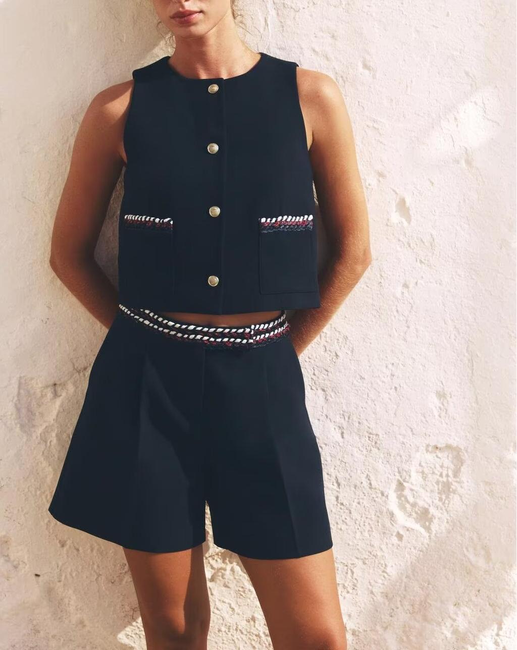 Women Clothing Summer Fancy Trim Vest Jacket Casual Shorts Two Piece Sets