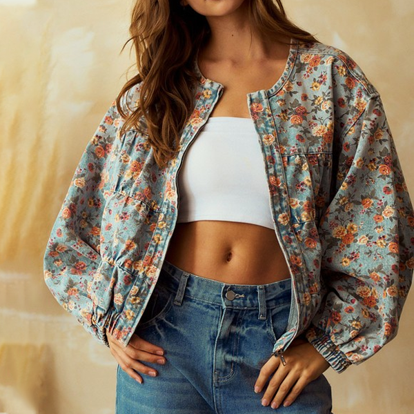 Printed Denim Jacket Loose Long Sleeve Vintage Floral Batwing Sleeve Washed Denim Coat Women