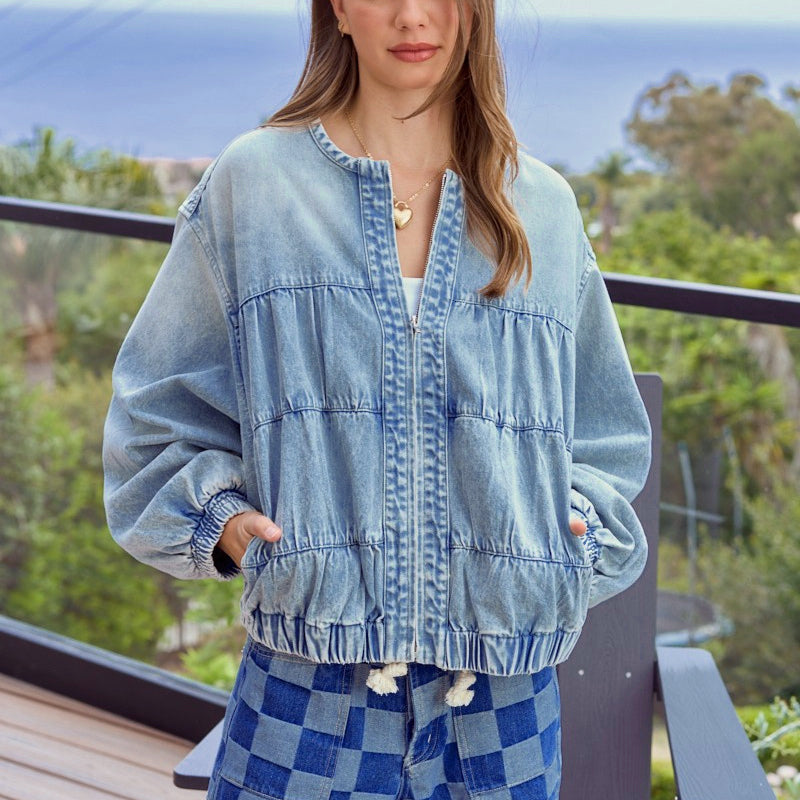 Denim Coat Women Autumn Arrival Washed Loose round Neck Zipper Light Blue Denim Jacket