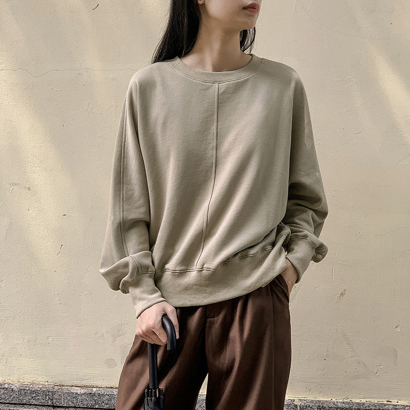 Simple Cotton round Neck Sweatshirt for Women Spring All Matching Pullover Long Sleeve Niche Casual Top Can Be Sent on Behalf