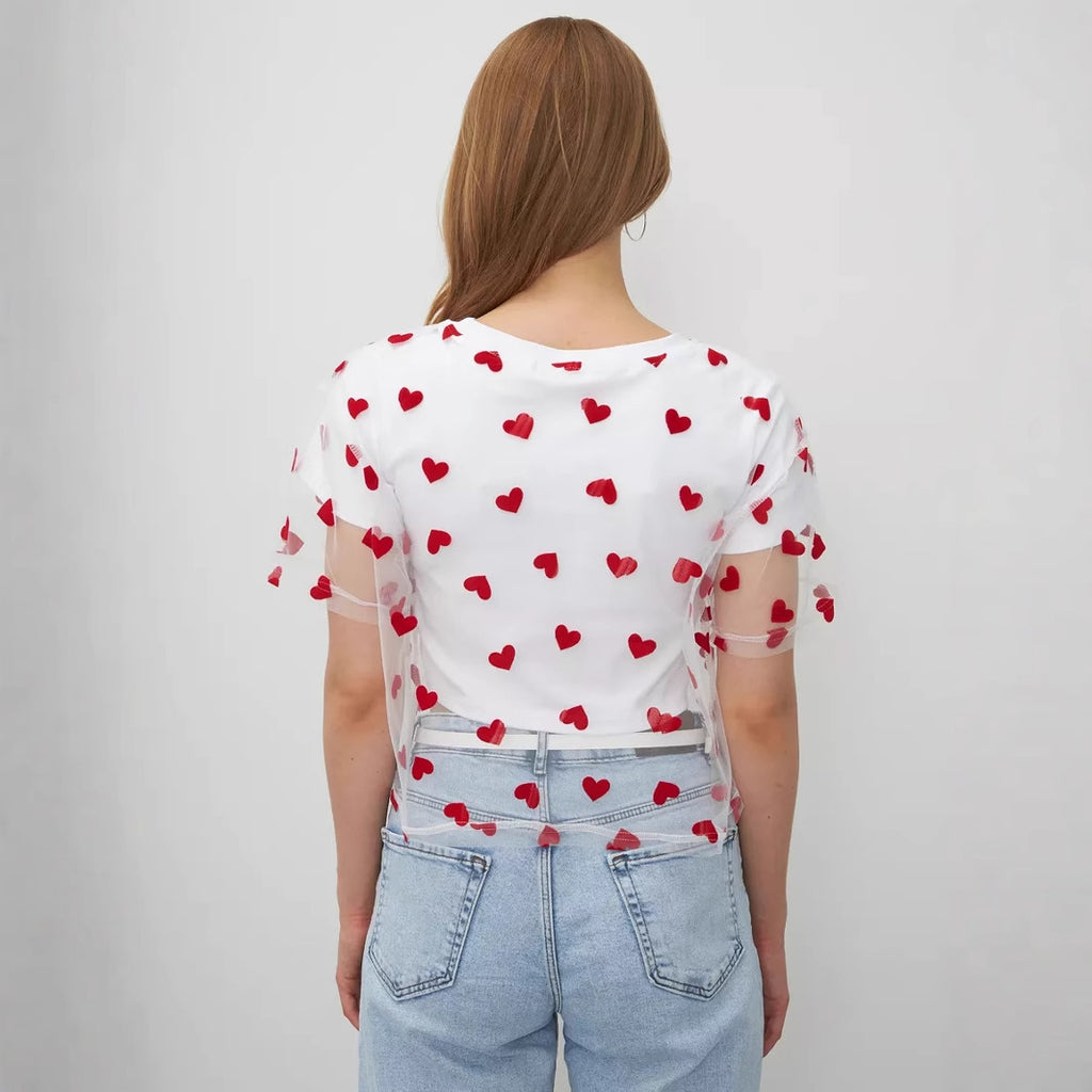 Summer Love Mesh Stitching T shirt Contrast Color Women Faux Two Piece Cotton Short Top