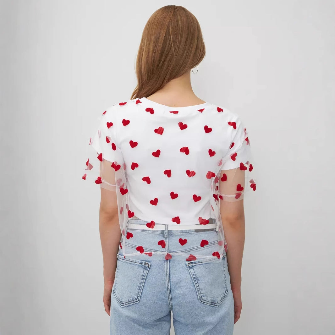 Summer Love Mesh Stitching T shirt Contrast Color Women Faux Two Piece Cotton Short Top