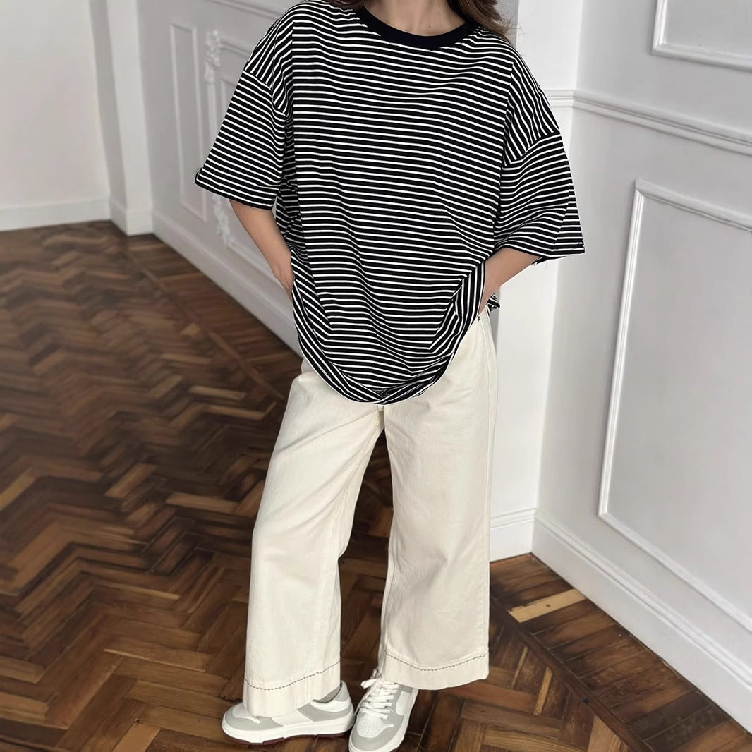 Black White Striped Short Sleeved T shirt for Women Spring Summer Contrast Color Loose T shirt round Neck Casual Top Bottoming Shirt