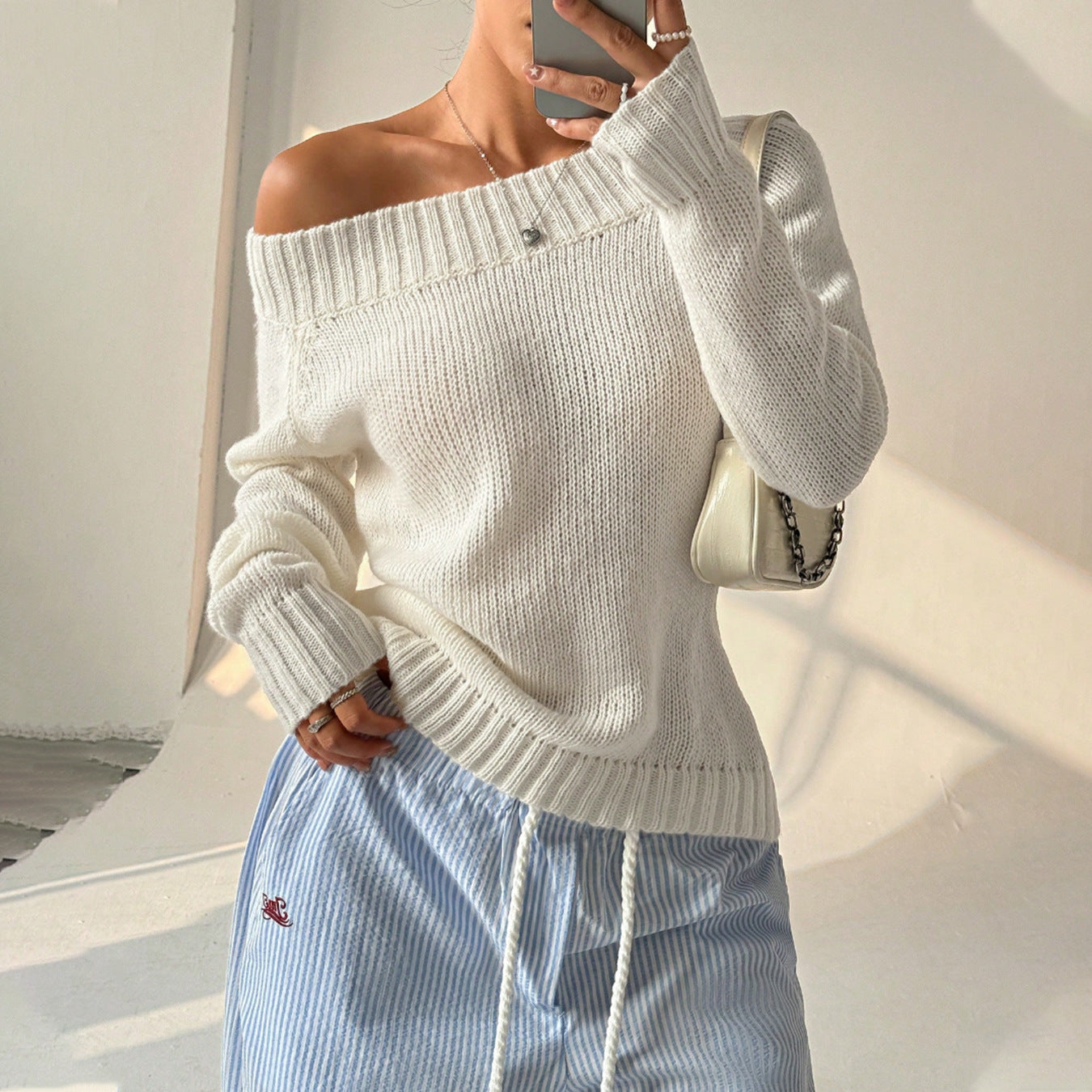 Solid Color Simple off Neck Pullover Sloping Exposed Shoulder Women's Autumn/Winter Knit Casual Sweater for Women