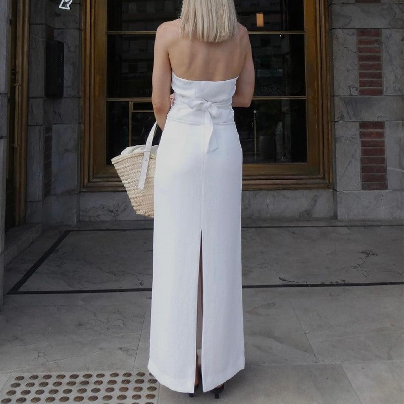 Fall Women Clothing Sexy Two Piece Suit V Neck Halter Strap Top Low Waist Slit Skirt