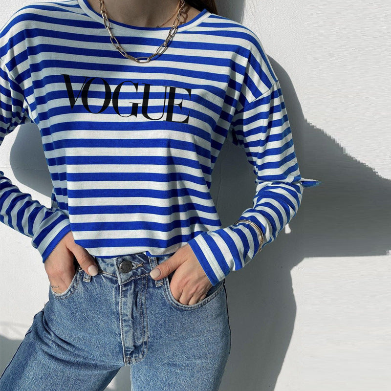 Spring Summer Printed Striped Cotton Long Sleeved T Shirt Women Soft Loose Top Vogue