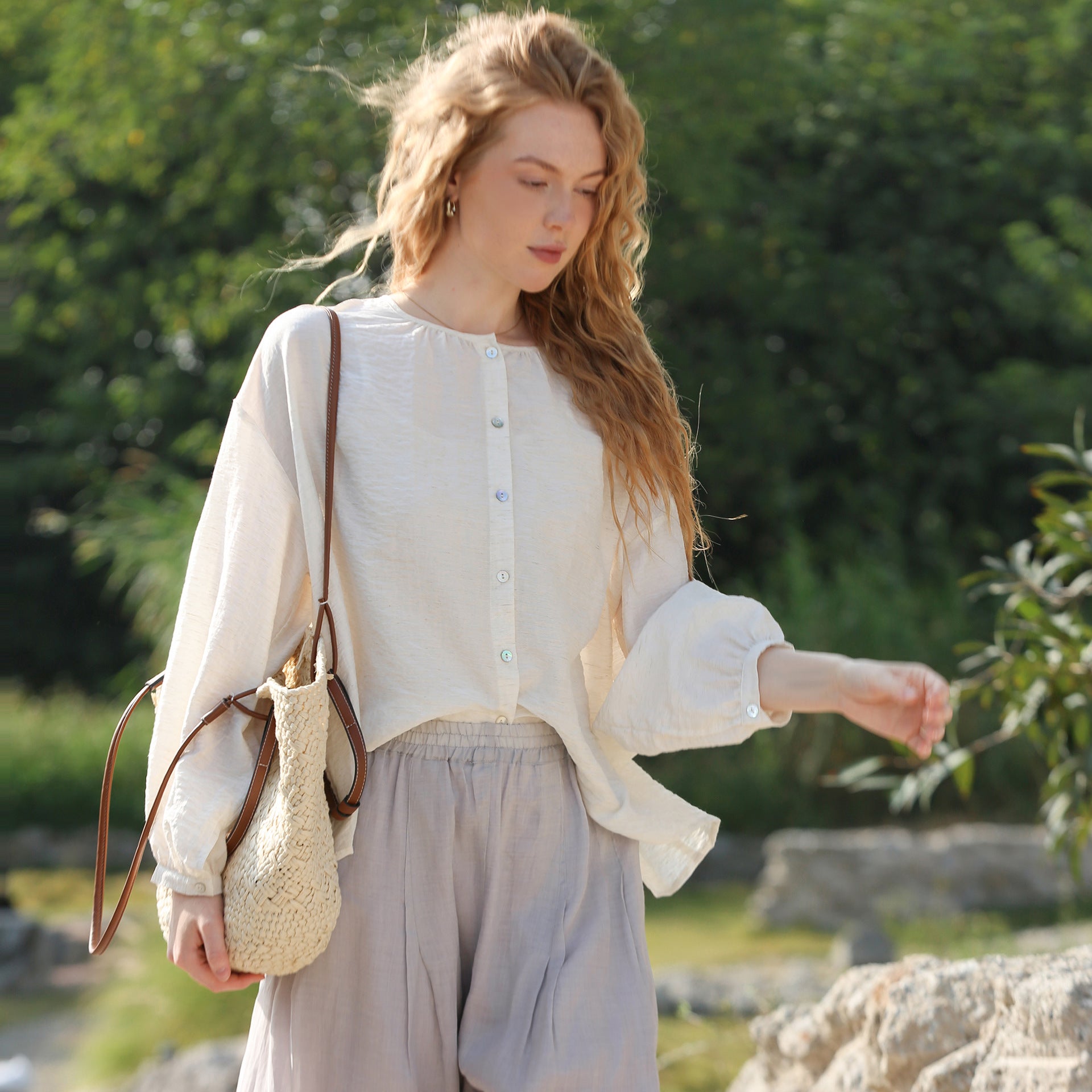 Spring Summer Lantern Sleeve Loose Thin Shirt Women French Pastoral round Neck Button Shirt Sunscreen Cardigan