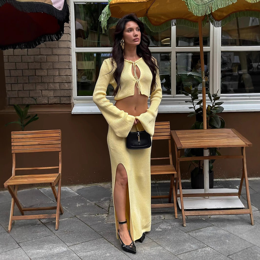 Lace up Long Sleeve Skirt Set Autumn Flared Sleeve Cardigan Split Skirt Set Two Piece Sets