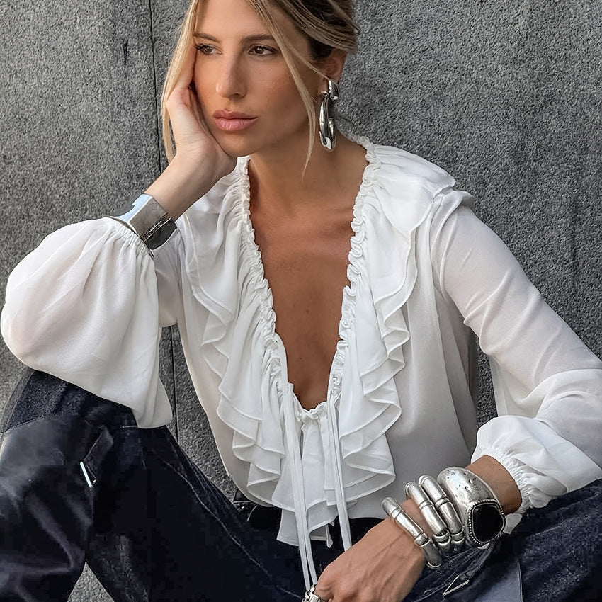 Spring Summer Loose V neck Flounce Lace up Long Sleeve Shirt Lantern Sleeve Simple Office Women Clothing