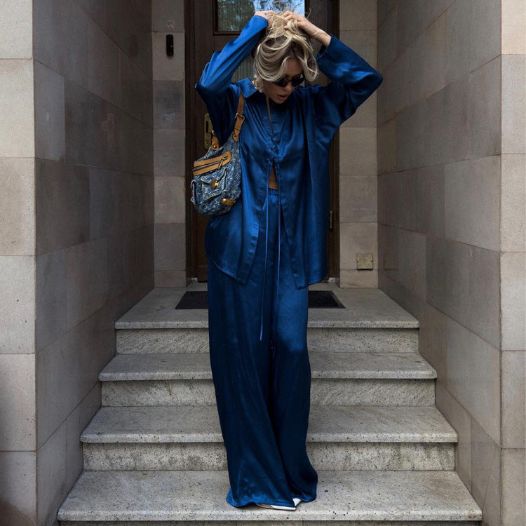 Satin Draping Women Dark Blue Collared Long Sleeve Lace up Shirt Mop Trousers Two Piece Set