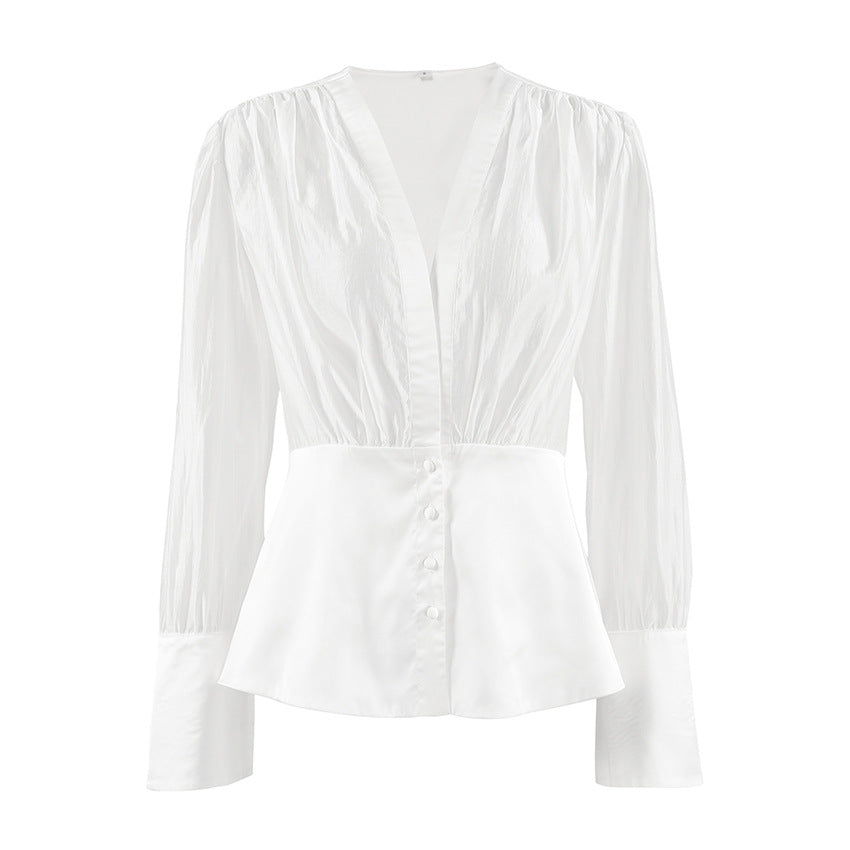 French Thin Sexy Deep V Plunge Tencel Yarn Waist Trimming Shirt Spring Summer Top for Women