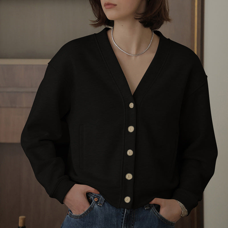 Autumn Winter Classic French V neck Sweatshirt Cardigan Retro Affordable Luxury Hong Kong Pure Cotton Comfortable Niche High End Top